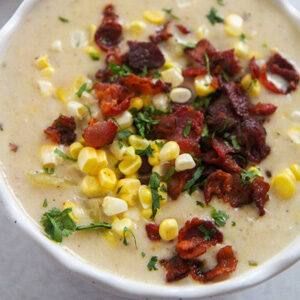 Crab and Corn Chowder topped with Bacon