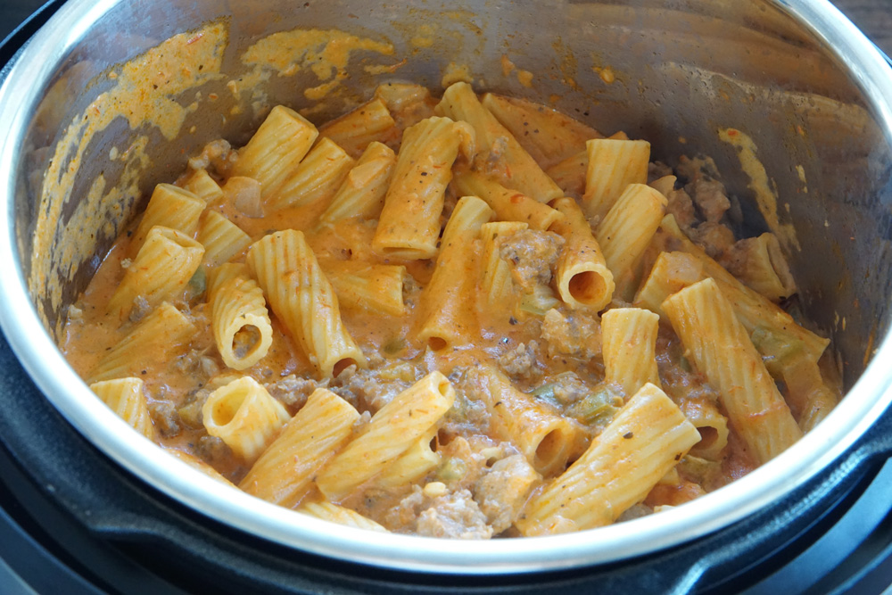 Completed creamy sausage rigatoni in the Instant Pot
