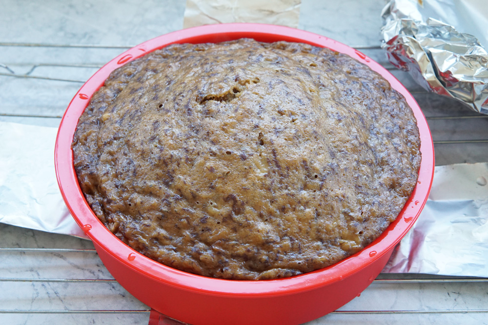 cooked banana bread in the cake pan