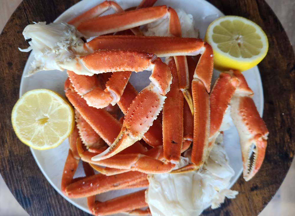 A plate of steamed snow crab legs