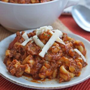 Chili mac topped with cheese